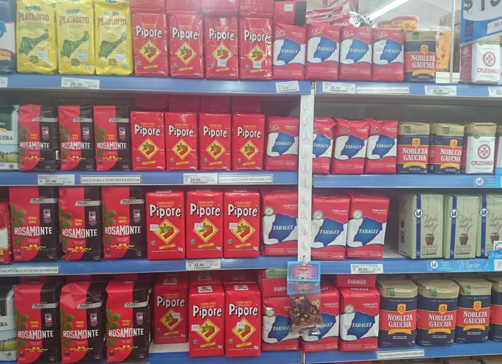 A multi-colored aisle of yerba mate in all supermarkets